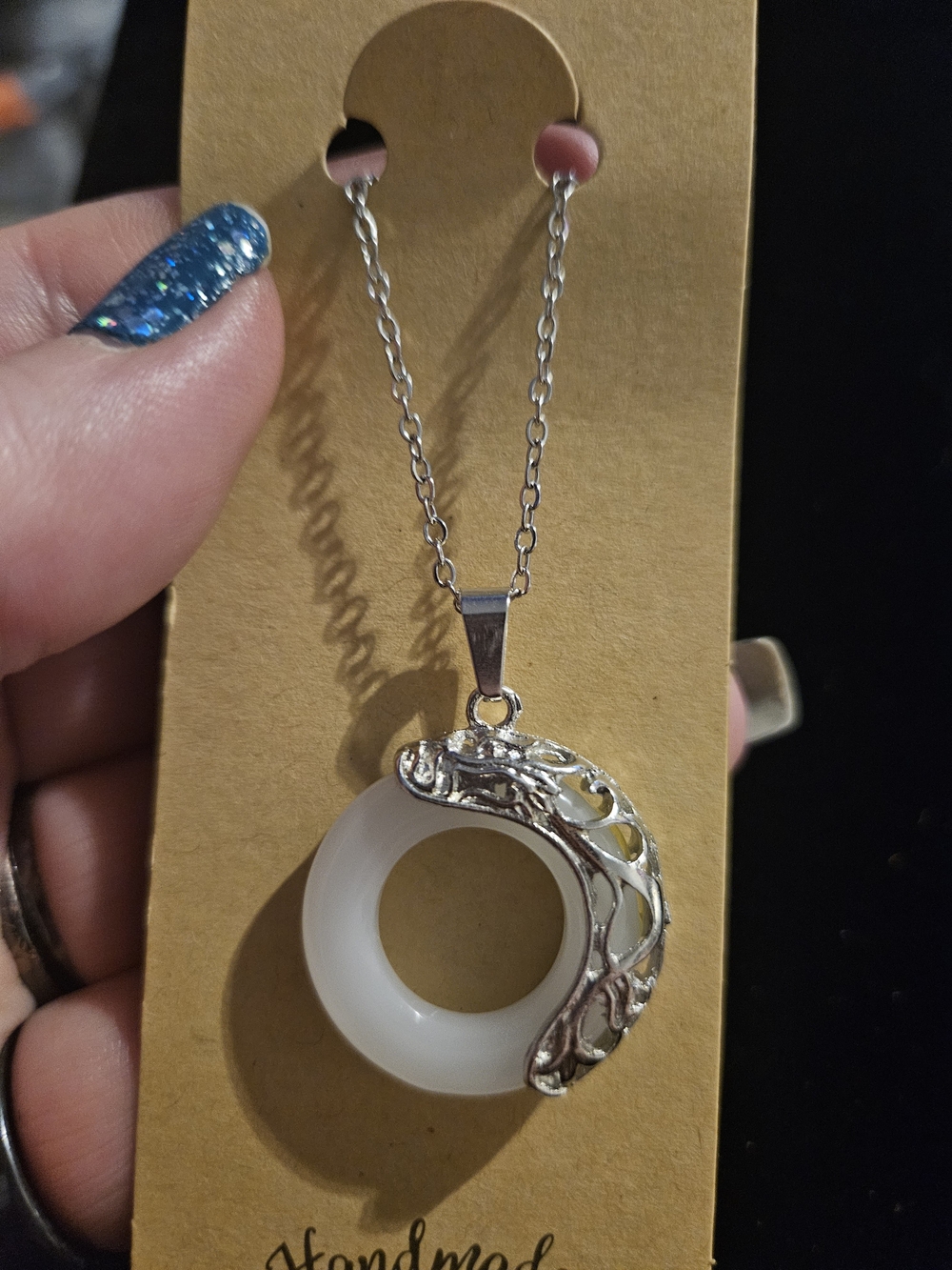 Handmade White Jade Ring Necklace with Silver Dragon Accent